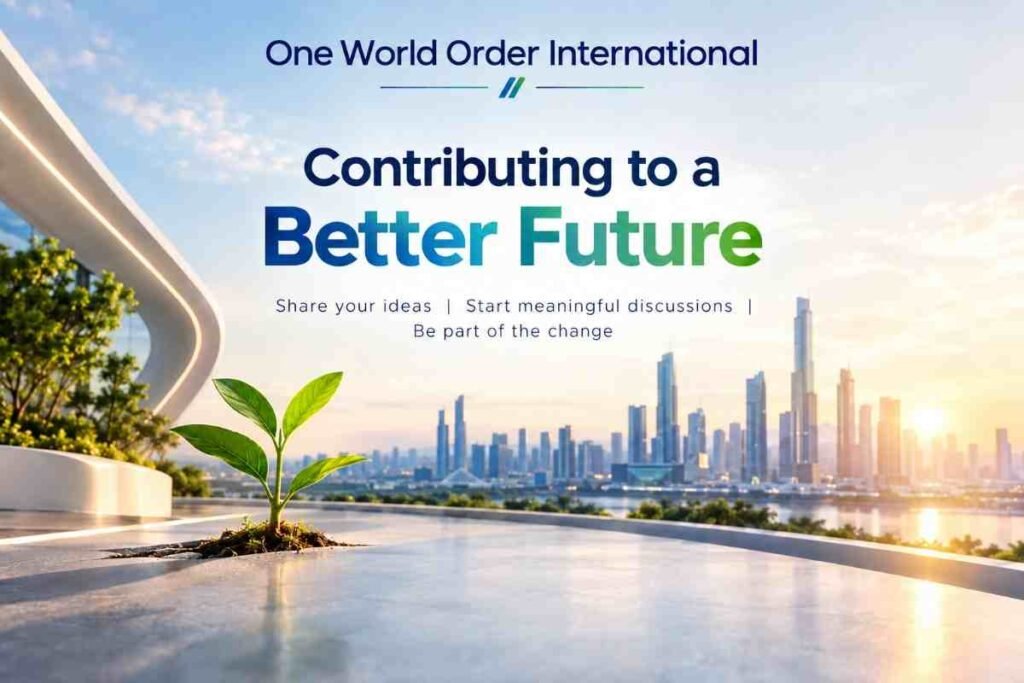 Futuristic OWOI banner showing a modern city at sunrise, with a young green plant growing from a rooftop terrace. The design features the text “One World Order International” and “Contributing to a Better Future,” with a message encouraging people to share ideas and join meaningful discussions. A “JOIN THE DISCUSSION” button appears at the bottom.