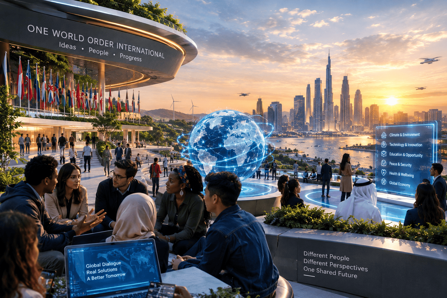 A premium OWOI Global Vision image depicting a connected world and humanity looking toward the future, representing international dialogue, new ideas, global cooperation, and a vision for a changing world. The visual reflects OWOI’s focus on exploring how the world can evolve through forward-looking ideas and perspectives.