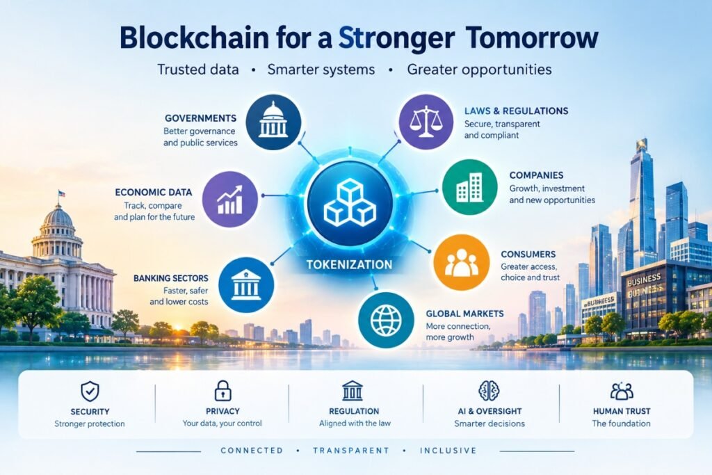 Futuristic global economic system connecting governments, banks, companies, blockchain networks and secure digital transactions