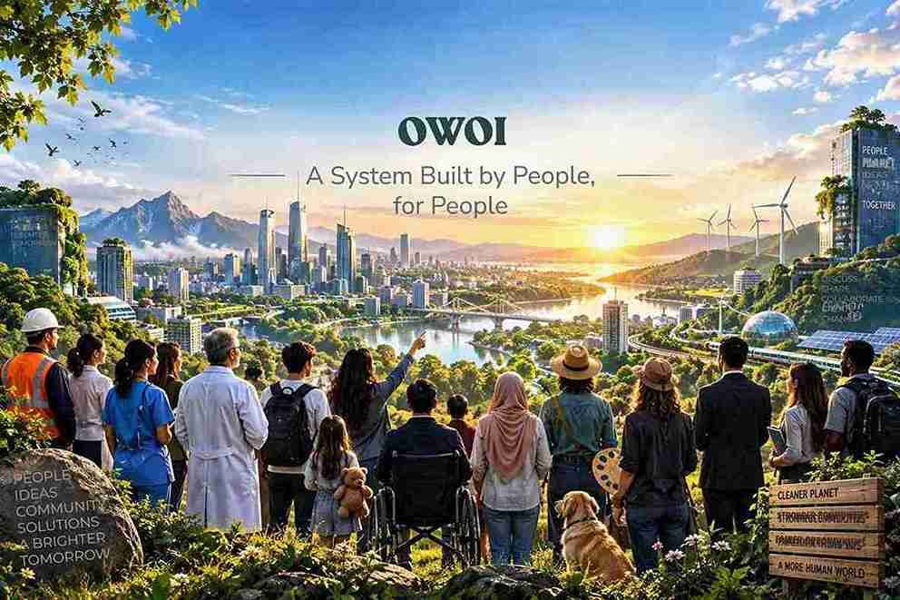 A diverse community of people from different professions and backgrounds stands together overlooking a sustainable city integrated with nature at sunrise. The scene features green landscapes, clean energy, modern architecture, families, healthcare workers, educators, researchers, artists, and community members united in a shared vision for progress, collaboration, and a better future.