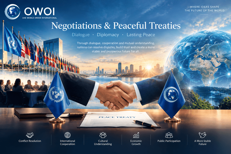 International cooperation and global unity through diplomatic pacts, peaceful dialogue, economic partnerships, and shared progress for humanity.