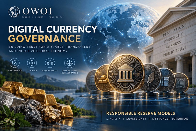 Digital currency governance and reserve assets, illustrating blockchain infrastructure, financial transparency, precious metals, minerals, and responsible international financial cooperation.