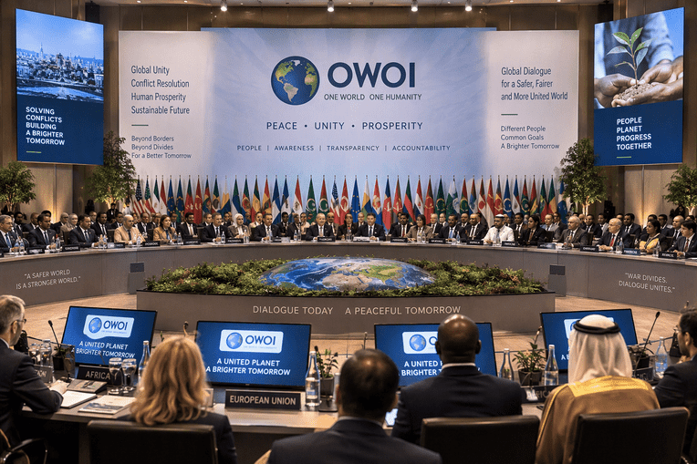 International conference delegates from diverse backgrounds engaging in dialogue on global peace, unity, and conflict mediation.