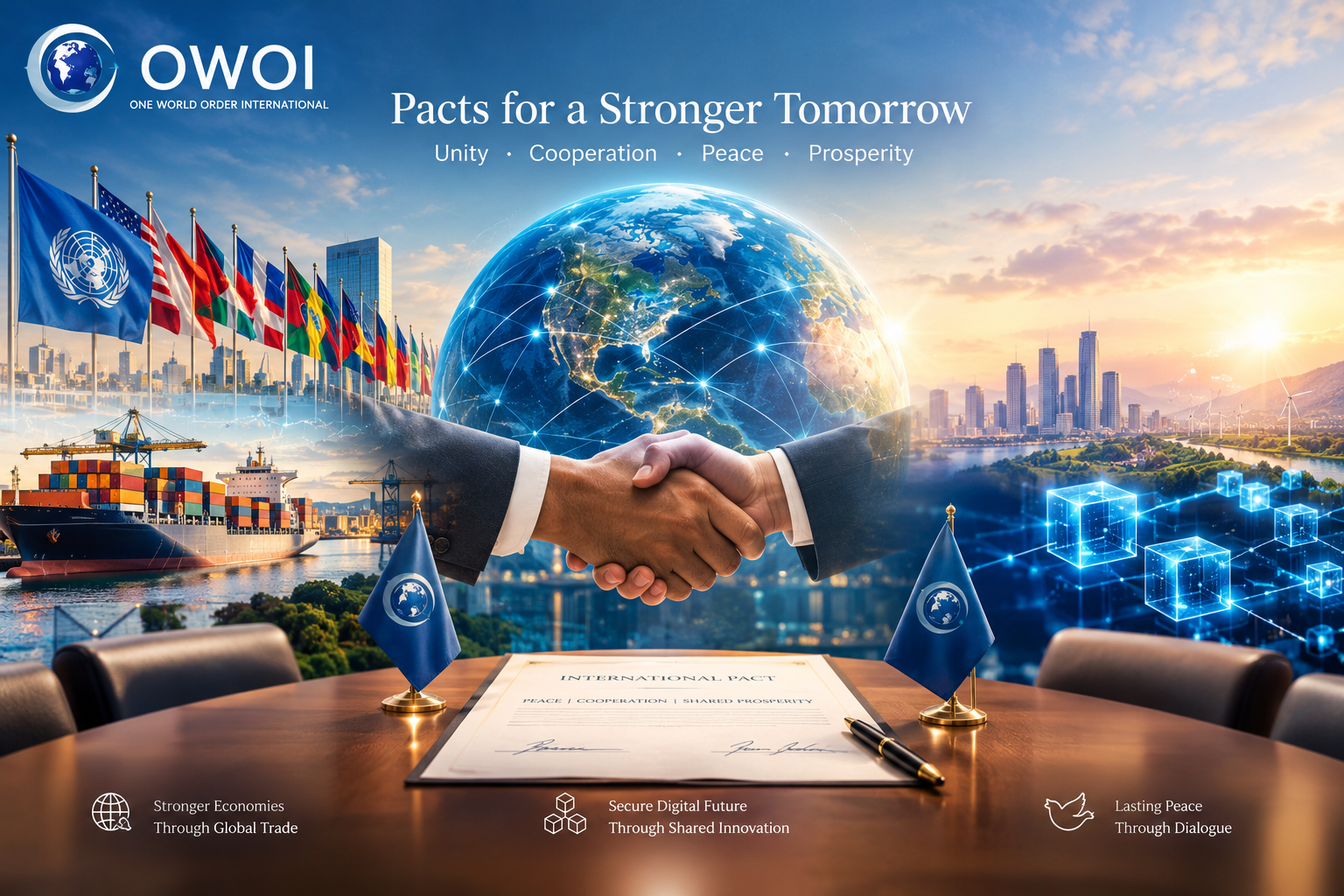 International cooperation and global unity through diplomatic pacts, peaceful dialogue, economic partnerships, and shared progress for humanity.