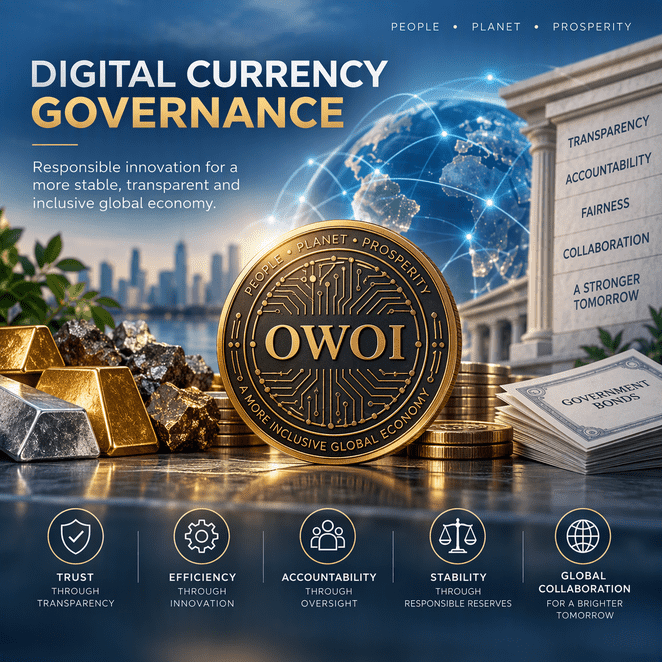 Global digital finance concept featuring blockchain technology, gold reserves, strategic minerals, and institutional governance for a transparent and accountable financial system.