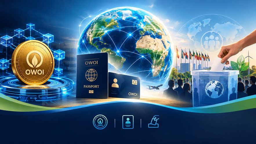 OWOI global vision featuring digital currency, blockchain technology, international identity documents, and worldwide voting for global cooperation.