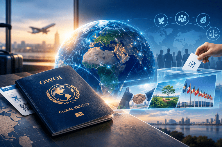 OWOI global identity concept with a passport, connected Earth, international voting, and symbols of diplomacy and sustainability.