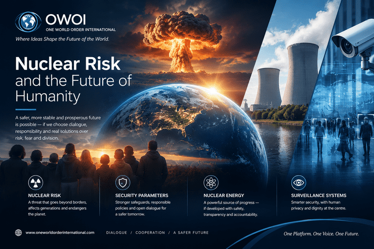 OWOI nuclear risk and future of humanity concept showing Earth, nuclear weapons, nuclear energy, security parameters, and surveillance systems.